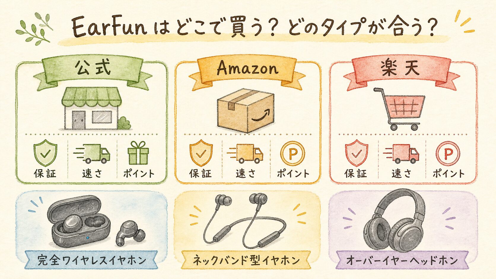 購入先とモデルは目的で分けるの結論を示す手書き図解