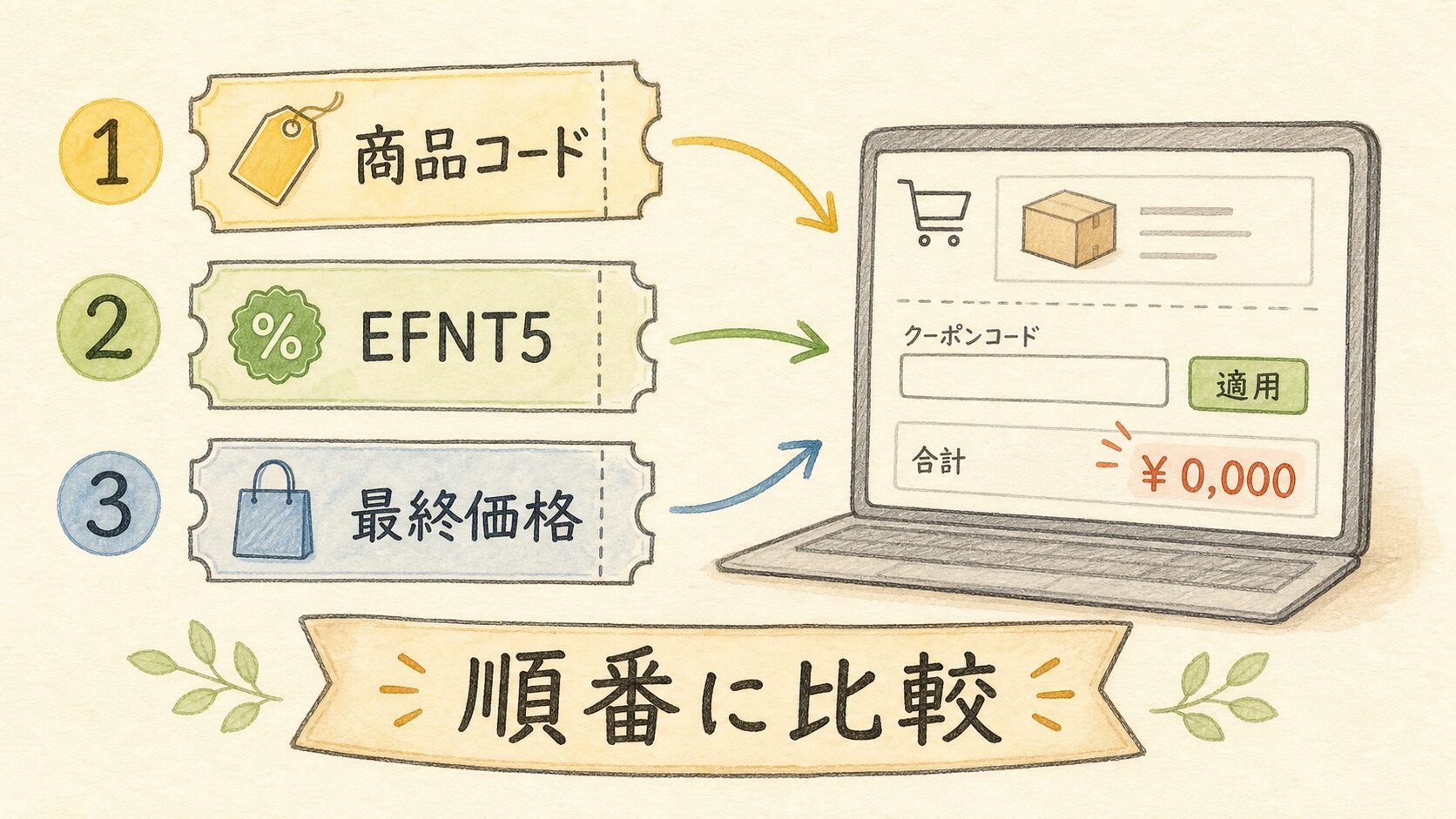 クーポンコードは3段階で順番に試すの結論を示す手書き図解